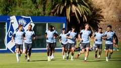 Calentamiento del Espanyol antes de su derrota ante el Tenerife.