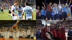 Arriba a la izquierda, los c�lticos Fer L�pez, Ilaix Moriba y Yoel L�pez celebran un gol; arriba a la derecha, Ximo, Mella y Luismi Cruz, durante los festejos por el ascenso a Primera; abajo a la izquierda, los jugadores del Obradoiro, campeones de Primera FEB; y abajo a la derecha, los jugadores del Leyma celebran el ascenso a la Liga Endesa