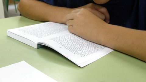 Un alumno,leyendo un libro en clase.