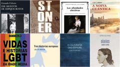 Detalle das portadas de �Ese mont�n de espejos rotos�, �Stoner�, �Las afinidades electivas�, �A noiva cu�ntica�, �Vidas e historias LGTB da Idade Media�, �Tres historias europeas�, �A caligraf�a das espigas� e os �Diarios� de Syra Alonso.