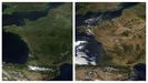 A la izquierda (26 de mayo):�La vegetaci�n en Francia conservaba a finales del pasado mes de mayo un aspecto mayoritariamente verde antes de que se encadenen las sucesivas olas de calor // A la derecha ( 23 de junio):�ras varias semanas de calor extremo y escasez de lluvias, amplias zonas del pa�s galgo presentan un paisaje mucho m�s seco, visible incluso desde el espacio