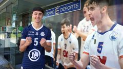 Arjones, junto a su foto que decora la entrada del pabell&oacute;n de A Cachada de Boiro.