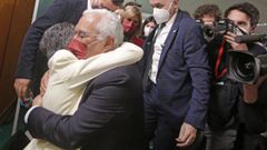 Antonio Costa, durante la celebraci�n de su victoria electoral en un s�tano de un hotel de Lisboa.