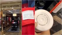 Entrada a una tienda Trump Store y una muestra de sus productos fabricados en China.