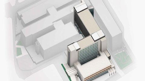 Imagen de c�mo quedar� el nuevo edificio y de la reforma del Materno en el conjunto del CHUO.