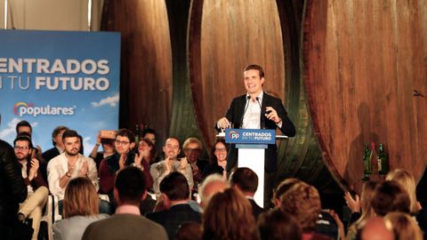 El presidente del PP, Pablo Casado, interviene en el acto de campa�a para las elecciones europeas, auton�micas y municipales del 26 de mayo, celebrado esta tarde en Quintueles (Asturias). 