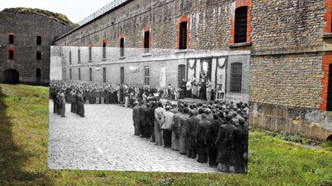 Fotomontaje de presos del Fuerte de San Crist�bal (Ezkaba, Navarra), en el mismo lugar en la actualidad, realizado para el libro �Entre rejas� (Ed. Pamiela)