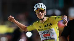 Tadej Pogacar celebra su victoria en la etapa 19 del Tour de Francia.