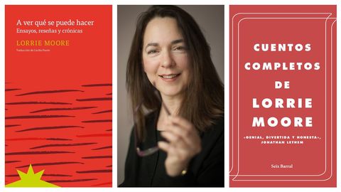 Retrato de la escritora Lorrie Moore, flanqueado por las portadas de la coleccin de crnicas periodsticas que edita Eterna Cadencia y de los cuentos completos que publica Seix Barral