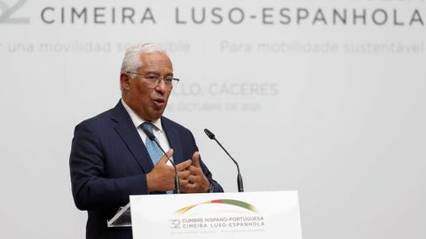 Ant�nio Costa, durante su intervenci�n en Trujillo durante la cumbre hispanolusa