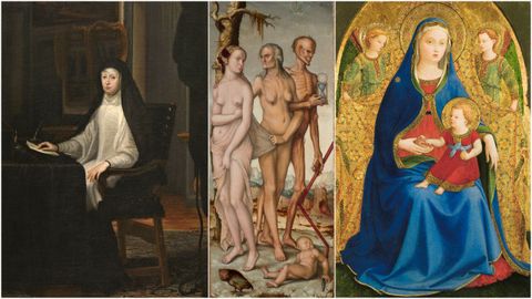 Mariana de Austria, reina regente, retratada hacia 1670 por Juan Carre�o de Miranda, en un �leo sobre lienzo que formar� parte de la exposici�n �Mariana de Austria� que prepara el museo para el pr�ximo diciembre. Detalle de �Las Edades y la Muerte�, de Hans Baldung Grien (1541-1544) y �La Virgen de la granada� (c.�1426), de Fra Angelico.