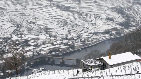 Bancales cubiertos de nieve en las ribeiras de A Ermida -en Chantada, a la derecha- y Belesar, en O Saviñao