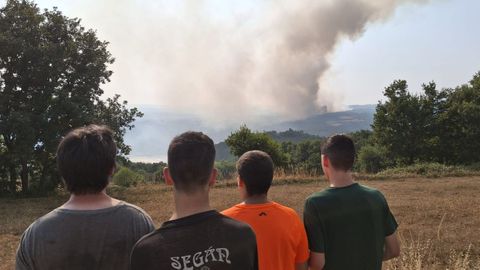 Un grupo de vecinos observa el humo del incendio forestal