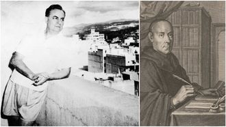 Eduardo Blanco Amor fotografiado en el balc&oacute;n de una casa en Caracas, en el a&ntilde;o 1952. A la derecha, retrato de Benito Jer&oacute;nimo Feijoo realizado por Juan Bernab&eacute; Palomino, que fue publicado como ilustraci&oacute;n de su obra &laquo;Theatro critico universal&raquo; (Blas Rom&aacute;n, Madrid, 1781) y que se conserva en la Biblioteca Nacional de Espa&ntilde;a.