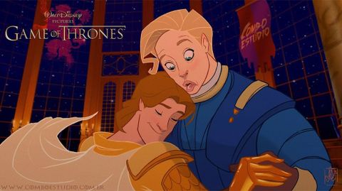 BRIENNE Y RENLY. Caracterizados como la Bestia y el Bello, la guerrera y el candidato a rey celebran un baile que a Brienne le quedaría para siempre en el recuerdo.