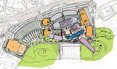 Eurofunds sit�a el aparcamiento y el parque comercial pegados a la AP-9, el lago navegable en azul y la rampa de esqu� abajo en rosa.