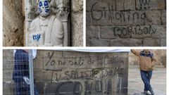 Im�genes de actos vand�licos en la Catedral de Santiago. Arriba a la izquierda, figura de la puerta de Prater�as que fue pintada con un rotulador emulando al bater�a del grupo KISS. Se destinaron 12.000 euros en su restauraci�n