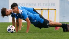 Diego Villares y Noel, durante un entrenamiento del Deportivo