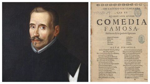 Lope de Vega, retratado con la cruz de caballero de la Orden de Malta. A la derecha, la edici�n ilegal que recoge el primer t�tulo que figur� en el aut�grafo, �Un castigo sin venganza� (y no �El castigo sin venganza�)
