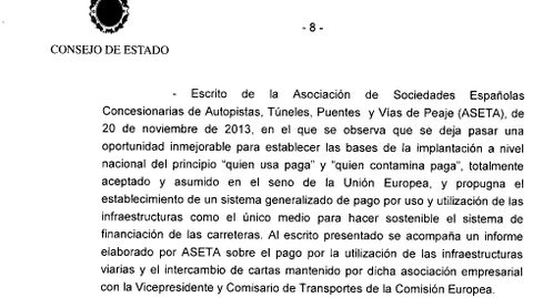 El docuemento. El Consejo de Estado refleja en este prrafo la posicin de la patronal de las autopistas de peaje.