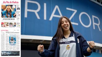 Izquierda, arriba: Portada de La Voz del 2 de junio del 2013, tras el descenso. Izquierda, abajo: �ltima p�gina de La Voz del�2 de junio del 2013. Derecha: Nahir Castro posa en Abanca Riazor despu�s del regreso del Deportivo a Primera Divisi�n.