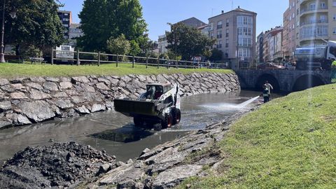 Trabajos de limpieza en la laguna del parque prxima al puente Fontecha