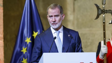 El rey Felipe VI durante su discurso por la entrega del Premio Carlos V a Josep Borrell.
