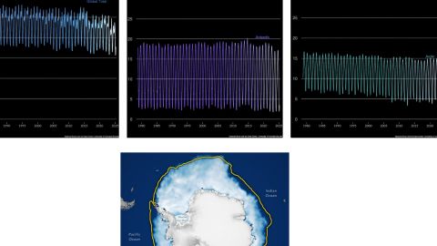 Evoluci�n de la extensi�n de la superficie de hielo marino global (arriba a la izquierda), ant�rtico (arriba en el centro) y �rtico (arriba a la derecha) entre 1978 y 2025. Debajo se puede observar una imagen de la extensi�n m�xima del hielo en la Ant�rtida para el a�o 2025 alcanzada el pasado 17 de septiembre de 2025. En amarillo, a modo de comparaci�n, se observa la l�nea que marca el valor mediano en del periodo 1981-2010. Fuente:10.5281/zenodo.15922523.