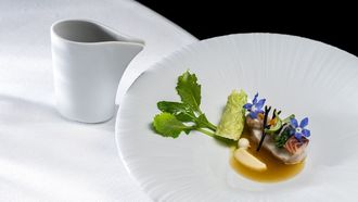 Restaurante Feitoria. <br />No prato que nos ofrece o chef André Cruz mestúranse vexetais tradicionais do cocido como o nabo, a col ou a pataca con algas procedentes do litoral e con peixes e mariscos da costa portuguesa, como os berberechos, o mero ou a robaliza. Incluso está presente o toque afumado, pero nesta ocasión conséguese cunha anguía afumada procedente da ría de Aveiro