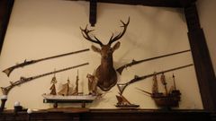 Objetos de caza y maquetas de barcos que se exhiben en las paredes del pazo de Meir�s