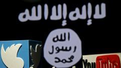 Una representaci�n de la bandera del Estado Isl�mico fcon el logotipo de Twitter y el de YouTube