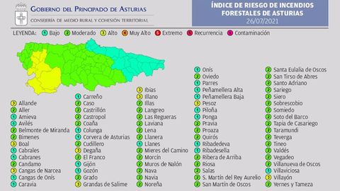Mapa de riesgo de incendios en Asturias