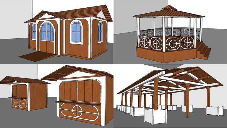 De arriba a abajo y de izquierda a derecha. Propuesta de dise�o para la casa de Pap� Noel, el palco, las casetas para hosteler�a y la p�rgola