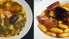 Un plato de pote asturiano y otro de fabada