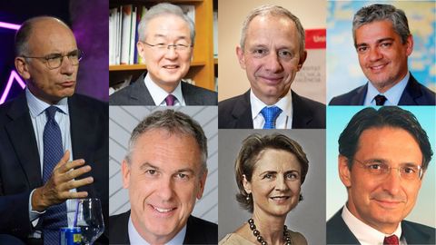 De izquiera a derecha y arriba a abajo,�Enrico Letta,�Taeho Bark,�Simon Fraser,�Enrique Lores,�Anne Lange,�Marcos Troyjo y�Rafael Gil-Tienda, el�consejo asesor internacional de Inditex.