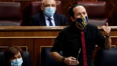El vicepresidente tercero del Gobierno, Pablo Iglesias, durante una sesi�n de control al Ejecutivo 