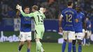 Los jugadores del Oviedo celebran el 1-1, durante el partido de la jornada 33 de LaLiga de f�tbol que Real Oviedo y Villarreal CF