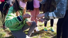 Alumnos del CPI Uxo Noveneyra y Poeta Uxo Novoneyra durante un trabajo de campo para analizar la dieta del lobo. 