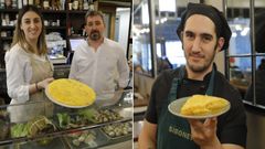 Isabel y Ram�n, propietarios de O Cabo, en la calle Picavia, con una de las decenas de tortillas que preparan cada d�a. Fue una de las m�s votadas por los oyentes de Radio Voz, al igual que la que prepara Alfonso en el caf� Siboney de la calle Ferrol