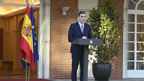 El presidente del Gobierno, Pedro Snchez, durante su declaracin institucional en la Moncloa. 