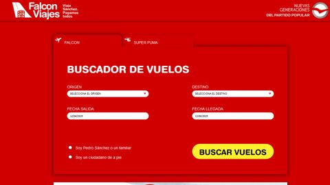 Pantallazo de la web Falcon Viajes, creada por el PP para atacar a Pedro Snchez