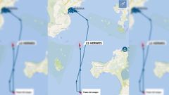 Punto de la interacci�n con las orcas y singladura que sigue la embarcaci�n de salvamento Hermes que remolca al velero da�ado hasta Ribeira