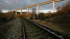 La lnea ferroviaria convencional, con un viaducto del eje de alta velocidad Ourense-Santiago. Ambos trazados estn segregados y el cambio de ancho no afectara a las mercancas