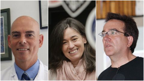 De izquierda a derecha, Carlos González de la Cuesta, jefe de Alergología del CHUO; Natalia Prego, médico de familia en Pontevedra; y Alejandro Sousa, urólogo en el Hospital de Monforte
