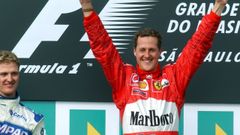 Michael Schumacher.El piloto aleman Michael Schumacher tras una victoria con Ferrari