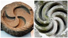 Un tr�scele da colecci�n do castro de Santa Trega e, � dereita, unha radial na porta de Santo Tom� de Morgade, en Xinzo