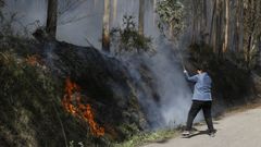 Una vecina de la zona intentando ayer que las llamas avanzaran hacia la zona de carretera