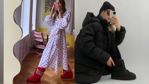 Trine Kjaer, a la izquierda, pone el toque divertido al invierno con estas botas acolchadas de Moon, e Isabelle Hartmann lleva a juego sus botines edredn de Gia Borghini con el plumfero