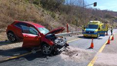 El coche qued siniestrado y subido en la valla de la autova, aunque los pasajeros pudieron salir por su propio pie.