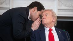 Marco Rubio susurra algo al odo de Trump despus de pasarle una nota manuscrita que contena diecisiete palabras. 
